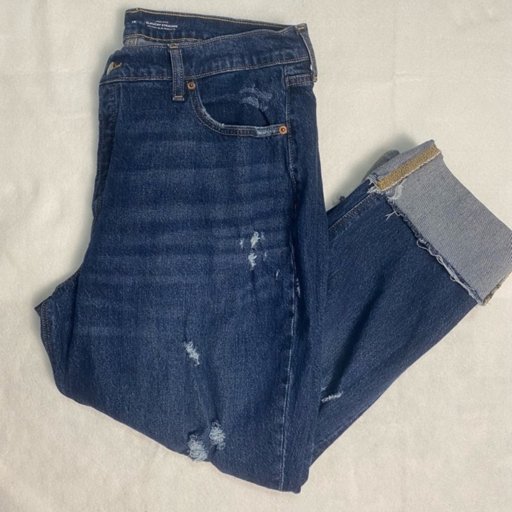 Old Navy Jeans Slouchy straight leg cuffed distressed boyfriend loose stretch 14
